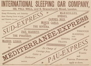 Mainos International Sleeping Car Company, 122 Pall Mall ja 5 Graceshurch Street, 1888 tekijältä English School