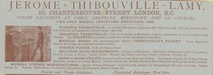 Mainos Jerome Thibouville-Lamysta, 10 Charterhouse Street, Lontoo, instrumenttivalmistaja tekijältä English School