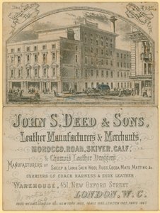 Mainos John S Deed & Sonsista, nahkavalmistajista ja -kauppiaista, 451 New Oxford Street, Lontoo