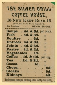 Mainos yrityksestä The Silver Grill Coffee House, 16 New Kent Road, Lontoo tekijältä English School