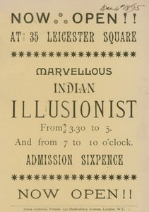Mainos intialaisesta illusionistista, joka esiintyy osoitteessa 35 Leicester Square, Lontoo tekijältä English School