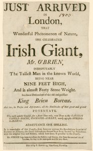 Mainos Charles Byrnen, alias OBrienin Irlannin jättiläisen, esiintymisestä, tunnetun maailman pisimmän miehen tekijältä English School