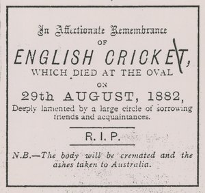 Elokuussa 1882 julkaistu Sporting Timesin mainos, joka esitteli The Ashes -konseptin tekijältä English School