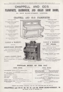 Mainos Chappell and Co:n Pianoforte-, Harmonium- ja Organ Show Roomsista (kaiverrus) tekijältä English School