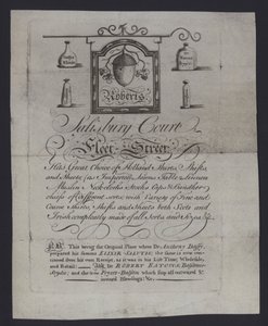 Mainos Robertsille, kangaskauppiaille, Salisbury Court, Fleet Street, Lontoo, jossa tohtori Anthony Daffy valmisteli Elixir Salutis -kaiverruksensa tekijältä English School