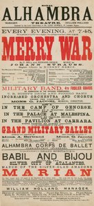 Mainos Royal Alhambra Theatrelle, mukana F Bellin ja Richard Geneen Merry War Johann Straussin musiikin kanssa tekijältä English School