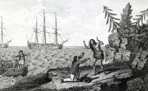 Kahden Mokito-miehen haastattelu, kuva otettu Moores Voyages and Travels -julkaisusta, 1778 tekijältä English School