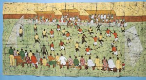 Afrikkalainen batiikki, joka kuvaa jalkapallo-ottelua katsomossa katsomassa yleisöä (tekstiili) tekijältä English School