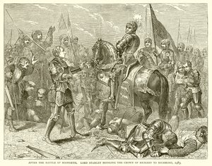 Bosworthin taistelun jälkeen. Lordi Stanley tuo Richardin kruunun Richmondiin, 1483