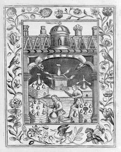 Alkemiallinen laboratorio, joka esittelee erilaisia uunien ja astioiden muotoja, otettu Theatrum Chemicum Britannicumista Elias Ashmole, 1652 tekijältä English School