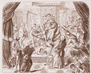 Allegorinen kuva Henry VIII:sta tallaamassa paavi Clementia, British Museumin vanhasta vedosta tekijältä English School