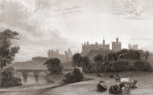 Alnwickin linna, Alnwick, Northumberland, Englanti, 1800-luvun alussa. Käytetty paikka Harry Potter -elokuvissa. Churtonin Portrait and Lanscape Gallerysta, julkaistu 1836. tekijältä English School