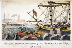 Amerikkalaiset heittävät teelaivojen lastia jokeen Bostonissa, pubista History of the North Americas. Lontoo tekijältä English School