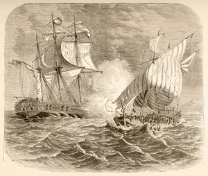Amerikan laivaston alus vangitsi algerialaisen merirosvolaivan Barbary Coastin edustalla ensimmäisen Barbary-sodan aikana (litho) tekijältä English School