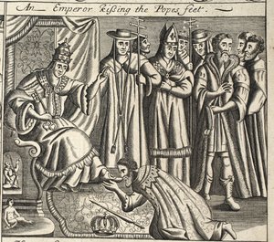 Keisari suutelemassa paavien jalkoja, kuvitus John Foxen teoksista Apostolien teot ja monumentit, yhdeksäs painos, pubi. 1684 tekijältä English School