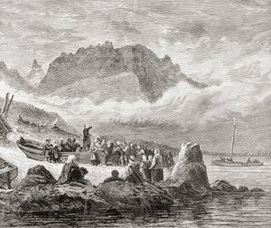 Vapaajumalanpalvelus Skyen saarella, Sisä-Hebridit, Samuel G. Greenin vuonna 1886 julkaisemasta teoksesta "Scottish Pictures Drawn with Pen and Pencil" (Skotlannin kuvia kynällä ja lyijykynällä piirrettynä). tekijältä English School