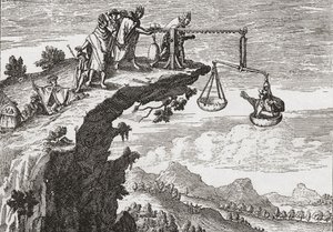 Epätavallinen tapa kiristää tunnustuksia rikollisilta Theodorus de Bryn 1500-luvun piirustuksen jälkeen. Kohtaus näyttää rikollisen istuvan epäoikeudenmukaisuuden vaakalaudalla, kun pappi kumartuu jyrkänteen ylle valmis vastaanottamaan tunnustuksensa. Olet tekijältä English School