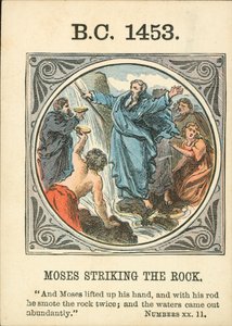 Anno Mundi: Kallioon iskevä Mooses (värilitografia). tekijältä English School