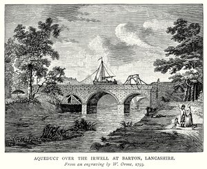 Vesijohto Irwellin yli Bartonissa, Lancashiressa (kaiverrus). tekijältä English School