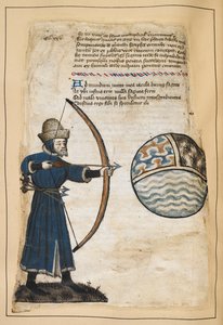Archer (John Gower?) ampuu nuolia maailmaan lyödäkseen jumalattomia, kuvitus "Vox Clamantisista", kirjoittanut John Gower, n. 1408 (vellum) tekijältä English School