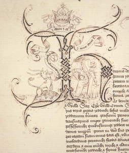 Arkisto 11980: Kuningas Henrik VI:n kuningas Henry VI:n kuninkaallisen charter-tallennusapurahasta New College Oxfordille koristeltu alkukirjain H. tekijältä English School
