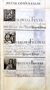Arkisto 3693 f.63 Sivu, jossa on kolme New Collegen, Oxfordin hyväntekijää; Halswell Tynte, Gulielmus Fellowes ja Johannes Rogers, Benefaction Bookista tekijältä English School