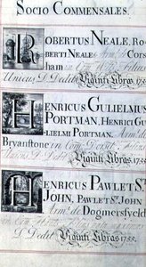 Arkisto 3693 f.95 Sivu, jossa on kolme New Collegen, Oxfordin hyväntekijää; Robertus Neale, Henricus Gulislmus Portman ja Henricus Pawlet St. John tekijältä English School