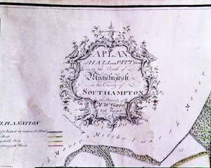 Arkisto 5629 Kuvaava kartoitus kartalta, jossa lukee "Hall- ja Pitt-tilojen suunnitelma Mitchelmarshin seurakunnassa Southamptonin kreivikunnassa, herra W. Goffen omaisuutta, kirjoittanut Richard Randall, maanmittaus". tekijältä English School