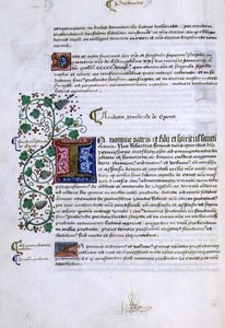 Arkisto 9432 f.15v Tekstisivu valaistulla alkukirjaimella, Robert Sherbornen tai Shirburnin (n. 1450-1536) Chichesterin piispa (vellum) perustamiskirjasta tekijältä English School