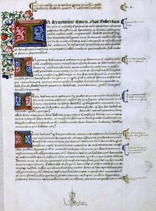Arkisto 9432 f.5 Sivu tekstiä, jossa on valaistu alkukirjain "I", Robert of Sherbornen tai Shirburnin (n. 1450-1536) Chichesterin piispan perustamiskirjasta (pergamentti). tekijältä English School
