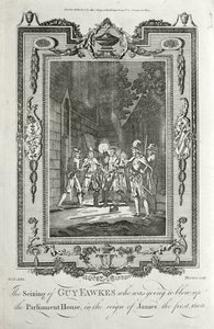 Guy Fawkesin pidätys yrittäessään räjäyttää parlamenttitalon ruutijuonessa, 5. marraskuuta 1605 (kaiverrus) tekijältä English School