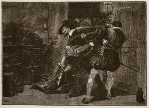 Guy Fawkesin pidätys, kuvitus Cassells Illustrated History of Englandista (seepiakuva) tekijältä English School
