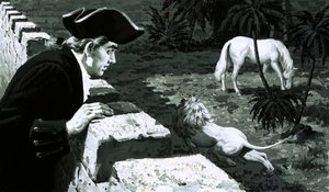 Taiteilija George Stubbs katsoi, kuinka leijona varasti Barbary-hevosta (guassi paperilla) tekijältä English School