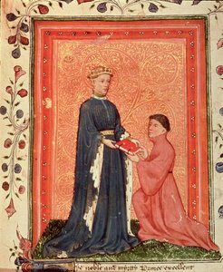 Arundel 38 f.37 Thomas Hoccleve esittelemässä kirjaansa "Regement of Princes" Walesin prinssille (myöhemmin Henry V) n. 1411-13 (vellum) tekijältä English School
