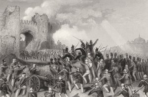 Hyökkäys Delhiin ja Cashmere Gaten vangitseminen 14. syyskuuta 1857, vuonna 1858 julkaistusta "Intian kapinan historiasta" tekijältä English School
