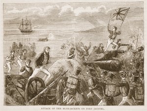 Attack of the Blue-jackets on Port Jacotel, kuvitus Cassells Illustrated History of Indiasta, James Grant, pubi. 1879 tekijältä English School