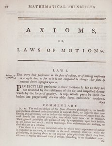 Aksioomia eli liikelakeja Sir Isaac Newtonin (1642-1727) 1777 julkaisun The Matemaattiset luonnonfilosofian periaatteet osasta I tekijältä English School