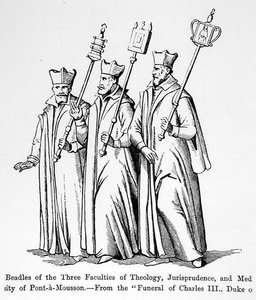Kolmen tiedekunnan, teologian, oikeustieteen ja lääketieteen, helmiä, Kaarle III:n (1543-1608) Lothringenin herttuan hautajaisista, kuvitus teoksesta Tiede ja kirjallisuus keskiajalla ja keskiajalla, kuvitus teologian, oikeustieteen ja lääketieteen tiedeku tekijältä English School