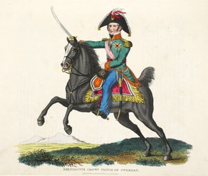 Bernadotte, Ruotsin kruununprinssi, pubi. kirjoittanut Richard Evans, engr Romney, kuvitus William Mudfordin historiallisesta kertomuksesta Waterloon taistelusta, 1816 tekijältä English School
