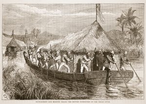 Sinitakit ja merijalkaväen sotilaat polkemassa brittiläistä tutkimusmatkaa ylös Perak-jokea pitkin, kuvitus Cassells Illustrated History of Englandista tekijältä English School