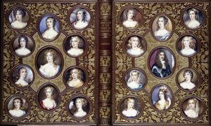 Kirjan kannessa on kaksikymmentäkaksi muotokuvaminiatyyriä Kaarle II:sta ja hänen hovinsa kauniista naisista, 1833 tekijältä English School