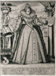 Kirjan etulevy, jossa juhlitaan kuningatar Elisabetin onnellista ja vauras valtakuntaa, 1596 tekijältä English School