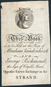 Kirjalevy, tämä kirja on tarkoitus myydä Abraham Vandenhoeckin ja George Richmondin kaupassa tekijältä English School