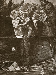 Intiaaneiksi naamioituneet bostonilaiset "pojat" heittävät teelaatikot satamaan, kuvitus teoksesta 