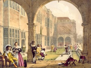 Bowls on the Terrace at Bramshill vuonna 1600, Joseph Nashin teoksesta Keskiajan arkkitehtuuri, julkaistu vuonna 1838