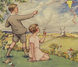 Poika ja tyttö lennättävät leijaa (värilitografia) tekijältä English School
