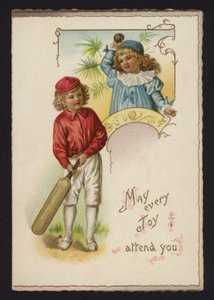 Poika ja tyttö pelaamassa krikettiä, onnittelukortti, 1800-luvun loppu tai 1900-luvun alku tekijältä English School