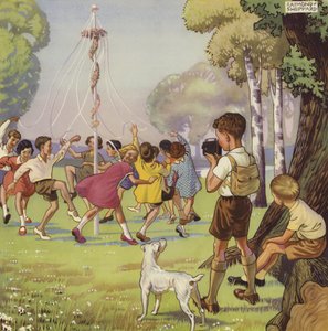 Poika kuvaa lapsia tanssimassa toukokuun sauvan ympärillä (värilitho) tekijältä English School