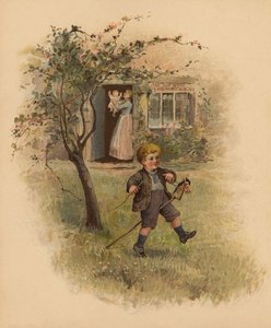 Poika ratsastaa harrastushevosellaan puutarhassa (kromoliittinen) tekijältä English School
