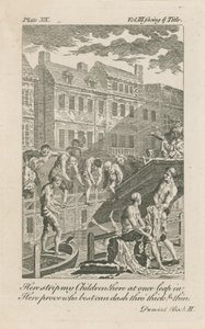Pojat uimassa Fleet Ditchissa Bridewell Bridgen varrella vuonna 1728 tekijältä English School